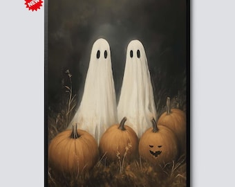 Ghosts and Pumpkins Halloween Canvas Wall Art – Spooky Vintage Painting for Haunted House Decor, Gothic Holiday Print for Autumn Home