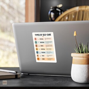 Pode incluir: Um autocolante retangular colado na tampa de um port&aacute;til com uma lista intitulada TYPES OF SELF-CARE. A lista inclui sete categorias numeradas: Physical, Emotional, Social, Spiritual, Personal, Space e Work, cada uma com um &iacute;cone.