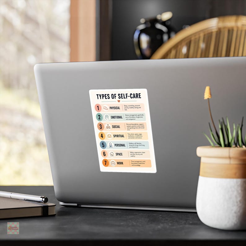 Pode incluir: Um autocolante retangular colado na tampa de um port&aacute;til com uma lista intitulada TYPES OF SELF-CARE. A lista inclui sete categorias numeradas: Physical, Emotional, Social, Spiritual, Personal, Space e Work, cada uma com um &iacute;cone.