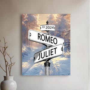 Personalized Christmas Street Sign Poster, Custom Crossroads Sign Canvas For Couples, Custom Name & Date Holiday Wall Art