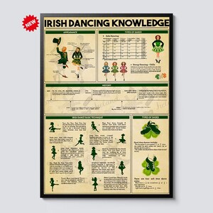 May include: A framed poster titled "Irish Dancing Knowledge" with illustrations of dancers, dance steps, and shoe types. The poster includes text about the history and techniques of Irish dance. A red starburst graphic indicates "NEW".