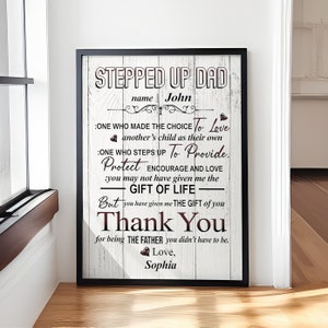 Personalized Stepped Up Dad Poster – Gift from Son or Daughter – Father&#39;s Day or Birthday Gift for Stepdad – Wall Art Canvas for Bonus Dad
