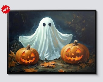 Ghost and Jack O’Lanterns Halloween Canvas Wall Art – Spooky Vintage Painting for Haunted House Decor, Autumn Pumpkin Holiday Print