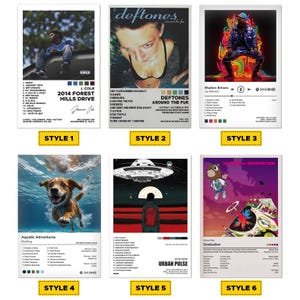 May include: Six music album art prints. The prints feature album covers for J. Cole's "2014 Forest Hills Drive", Deftones' "Around the Fur", and Kanye West's "Graduation". Other prints include "Modern Echoes", "Aquatic Adventures", and "Urban Pulse".
