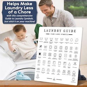 May include: A white laundry guide with black care label symbols. The guide includes symbols for washing, drying, ironing, and bleaching. Text on the guide reads "Laundry Guide Care Label Symbols". The image also includes the text "Helps Make Laundry Less of a Chore".