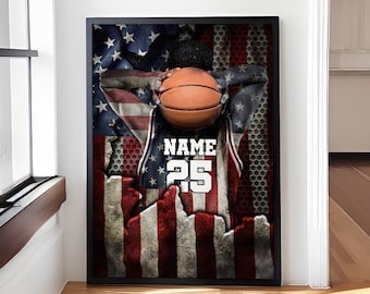 Personalized Basketball - Player & American Flag Poster/Canvas, Gift For Basketball Players, Basketball Gifts, Basketball Print, Basketball
