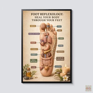 Op de afbeelding: Een ingelijste educatieve poster met de titel FOOT REFLEXOLOGY: HEAL YOUR BODY THROUGH YOUR FEET. Het toont een illustratie van een menselijke voet met interne organen in kaart gebracht, inclusief labels voor hersenen, ogen, oor, longen, ruggengraat en hart.