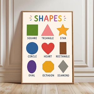 May include: A rectangular educational wall poster titled SHAPES in multicolored letters. It displays nine shapes with labels: a green square, pink triangle, yellow star, blue circle, red heart, brown rectangle, purple oval, yellow octagon, and gray diamond.