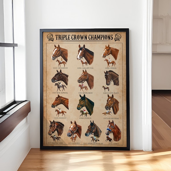 Triple Crown Champions Horse Poster, Knowledge Poster, Vintage Poster Wall Art, Home Decor