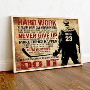 Personalized Hockey Art - Hard Work, Never Give Up, Do It Canvas, Hockey Player Gift, Motivational Quote Poster, Custom Name Sports Decor