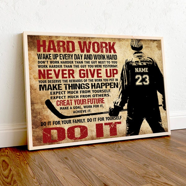 Personalized Hockey Hard Work, Never Give Up, Do IT - Hockey Player Canvas, Hockey Lover Gift, Positive Quote Canvas