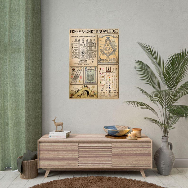 May include: A framed poster titled "FREEMASONRY KNOWLEDGE" with detailed diagrams and illustrations in sepia tones. The poster is displayed on a light grey wall above a wooden cabinet. A green curtain and a potted plant are visible.