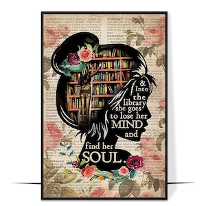 Books Into The Library Vertical Poster, Girl Reading Vintage Wall Art, Book Lover Gift, Literary Decor, Dictionary Page Art Print