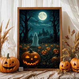 Spooky Halloween Ghost Pumpkin Patch Print, Haunted Castle Night Scene Wall Art for Home Party Classroom Office and Gothic Autumn Gift