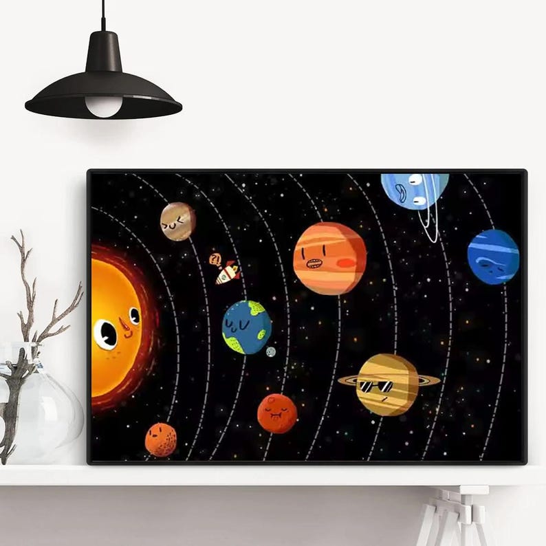 Cute Solar System Poster Kids Space Wall Art Cartoon Planets Galaxy ...