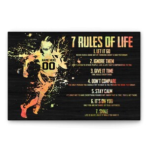 Op de afbeelding: Een motiverende wandkunstprint met een American footballspeler in actie, weergegeven met een kleurrijk aquareleffect. De print toont de tekst "7 Levensregels" met inspirerende citaten op een zwarte houtnerf achtergrond. Het shirt van de speler leest "NAME HERE" en "00".