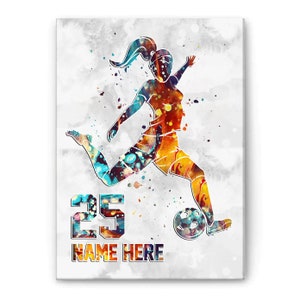 Personalized Soccer Poster & Canvas, Female Soccer Player Watercolor Wall Art, Custom Name Number Home Decor For Daughter, Girl