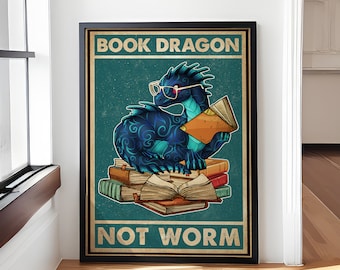 Book Dragon Not Worm Funny Poster for Book Lovers, Retro Dragon Poster Wall Art for Library Cafe Living Room Kitchen Bathroom Decor