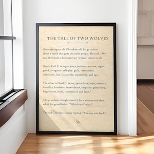 Die Geschichte zweier Wölfe Cherokee Poster, Ureinwohner-Dekor, Inspirationszitat. Buchseite Druck, Typografie Plakat