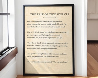 The Tale of Two Wolves Cherokee Poster, Native Americans Decor, Inspirational Quote. Book Page Print, Typography Poster