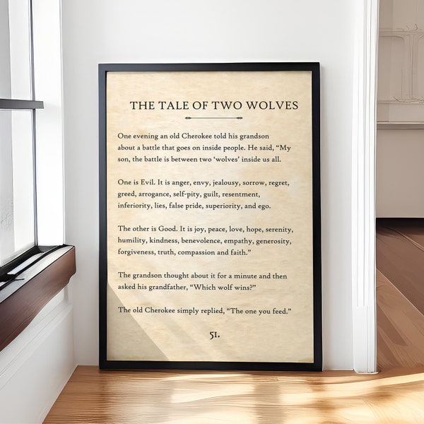 The Tale of Two Wolves Cherokee Poster, Native Americans Decor, Inspirational Quote. Book Page Print, Typography Poster