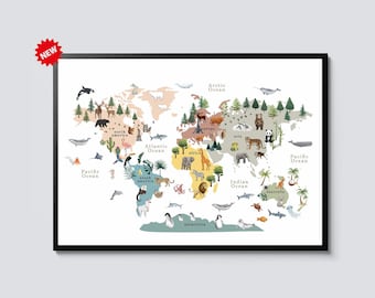 World Map Poster for Kids Cartoon Animal Map Educational Geography Print Nursery Classroom Decor Homeschool Learning Wall Art