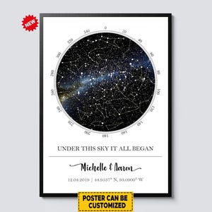May include: A framed poster featuring a detailed star map within a circular design, with degree markings around the edge. The text "UNDER THIS SKY IT ALL BEGAN" is below the star map, along with names and a date. A "NEW" sticker is in the corner.