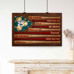 Personalized Baseball Poster & Canvas, Be Strong - Be Humble Inspirational Quote Wall Art, Custom Name Number Home Decor For Boy, Son