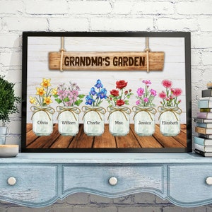 Póster personalizado de lienzo con diseño de florero familiar con el mes de nacimiento de la abuela, regalo único para el Día de la Madre para la abuela, regalo personalizado para mamá