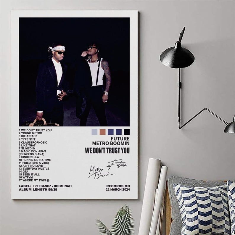 May include: Poster featuring Future and Metro Boomin, with the album title "We Don't Trust You." The artwork showcases two figures in dark attire against a dark backdrop. The poster includes a tracklist, label, and release date.