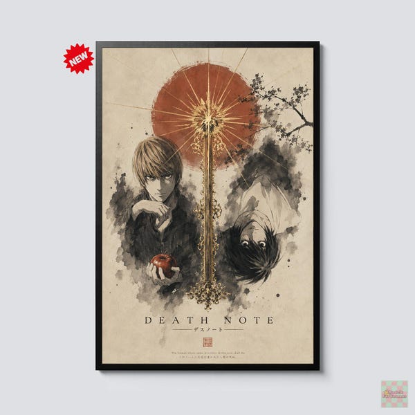 Death Note Inspired Anime Wall Art Print, Vintage Manga Poster Decor, Gothic Japanese Aesthetic Artwork, Light and L Theme