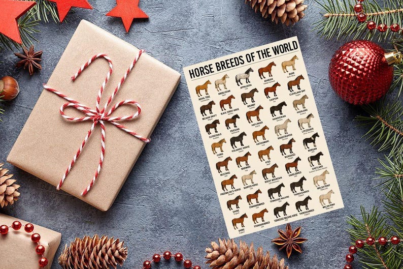 Puede incluir: Un regalo envuelto con un lazo a rayas rojas y blancas, un p&oacute;ster titulado "Horse Breeds of the World" y adornos navide&ntilde;os que incluyen pi&ntilde;as, adornos y vegetaci&oacute;n. El p&oacute;ster muestra varias razas de caballos.