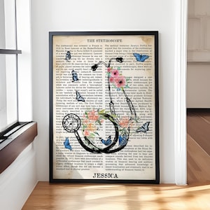 The Stethoscope Vintage Dictionary Poster or Canvas, Personalized Nurse Wall Art with Custom Name, Gift for Girlfriend Wife Sister or Mom