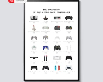 May include: A framed poster titled "The Evolution of the Video Game Controller" featuring illustrations of various game controllers from different eras. The poster includes controllers from Atari, Nintendo, Sega, and Sony, among others. The poster is black and white.