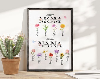 First Mom Now Grandma Personalized Canvas, Custom Birth Month Flower Family Art, Grandma’s Garden Mother’s Day Gift from Kids or Grandkids