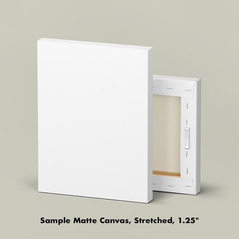 May include: Two white stretched matte canvas art boards, one upright and one leaning against the other. The text "Sample Matte Canvas, Stretched, 1.25" is printed at the bottom of the image.
