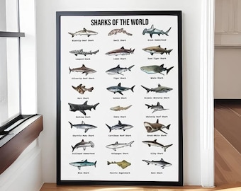 Sharks Of The World Retro Poster/Canvas, Sharks Vintage Poster, Shark Lover Gift, Ocean Poster, Animal Poster