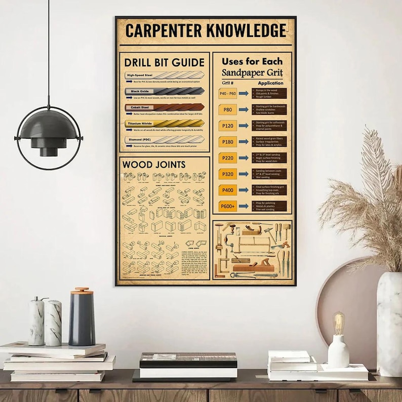 Carpentry Study Guide Carpenter Knowledge Poster or Canvas, Drill Bit Guide Wall Art, Vintage ...