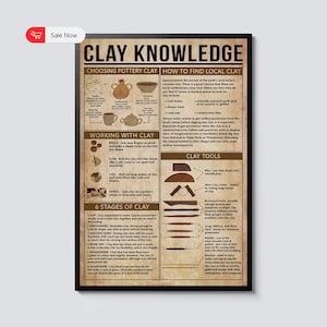 May include: A poster titled "CLAY KNOWLEDGE" with information on pottery clay, finding local clay, working with clay, clay tools, and the six stages of clay. The poster has a brown background and black text.