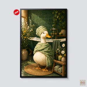 Funny Spa Duck Bathroom Wall Art Print, Bath Time Duck Poster, Whimsical Animal Bathroom Decor, Rustic Farmhouse Gift Artwork