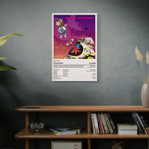 May include: A poster featuring the album art for Kanye West's "Graduation." The artwork depicts a cartoon bear in a varsity jacket floating above a car with a colorful design against a purple and orange sky. The album title is at the top.