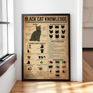 Schwarze Katze Wissens Poster, Vintage Wissens Poster, Wissenswandkunst, Katzenposter, Katzenwandkunst