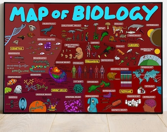 May include: A colorful infographic poster titled "Map of Biology" with illustrations of various biological concepts, including genetics, evolution, cells, organisms, and medicine. The poster is on a red background with white borders.