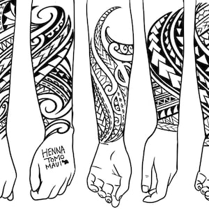May include: Four black and white line drawings of stylised Polynesian tattoo designs on arms. The designs are intricate and detailed, featuring geometric shapes, swirls, and waves. The text "HENNA TOMO MAUI" is written on one of the arms.