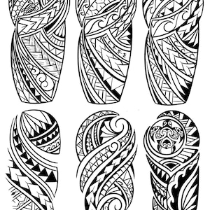 May include: Six black and white tribal tattoo designs. The designs are intricate and detailed, featuring geometric shapes, swirls, and waves. The designs are perfect for anyone looking for a unique and meaningful tattoo.