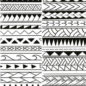 May include: A collection of black and white tribal pattern borders. The designs include geometric shapes, triangles, arrows, waves, and lines. These borders are suitable for various design projects, including tattoos, scrapbooking, and digital art.