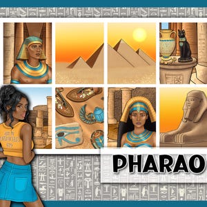 May include: Digital art print with Egyptian illustrations. The artwork includes pyramids, pharaohs, and ancient artifacts. The word "PHARAOH" is displayed in bold letters. The print also includes a woman in a yellow top and blue skirt.