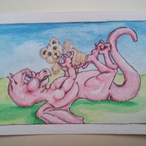 Baby Dragon with Teddy Bear 5x7 print of original Artwork