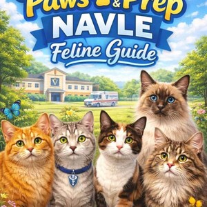 May include: A vibrant illustration features five cats of various breeds and colors, set against a backdrop of a sunny day with a building and an ambulance. The image includes text that reads "2026 Paws & Prep NAVLE Feline Guide."