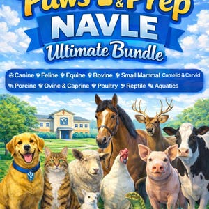 May include: A vibrant illustration featuring a variety of animals, including a dog, cat, horse, and pig, with the text "2026 Paws & Prep NAVLE Ultimate Bundle." The image includes a list of animal types. The background shows a house and a blue sky.